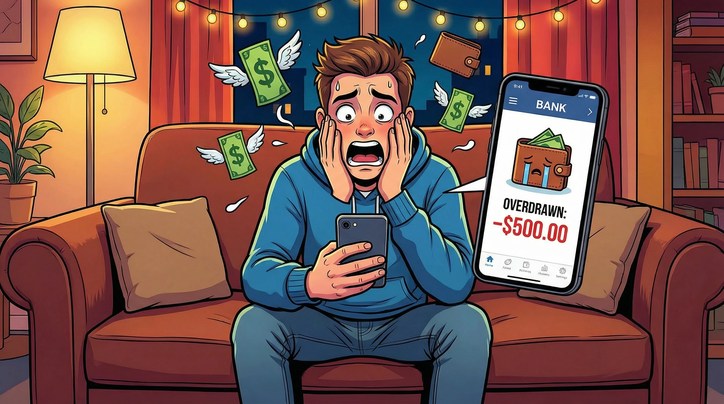 Alt text: Person dramatically checking their phone showing a bank account app, hands on face in horror, surrounded by floating dollar signs and empty wallet symbols