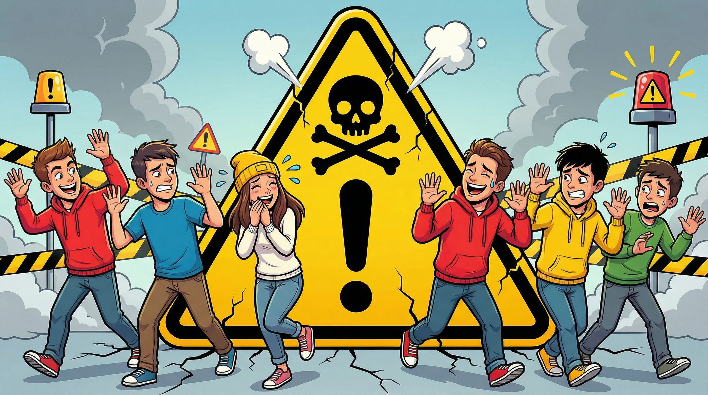 Alt text: Large warning sign with friends backing away nervously, hands raised, looking scared but amused - danger zone vibes with humor