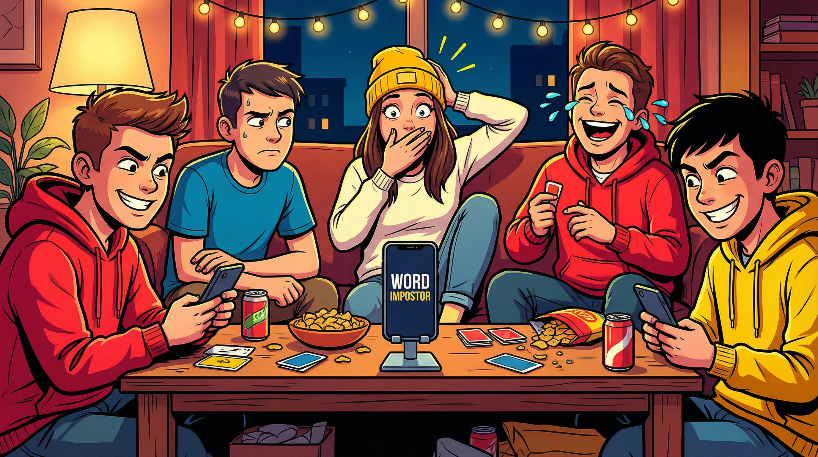Alt text: Group of young friends at a party game night showing mixed reactions - shock, nervous laughter, and mischievous grins as they play Word Impostor on their phones