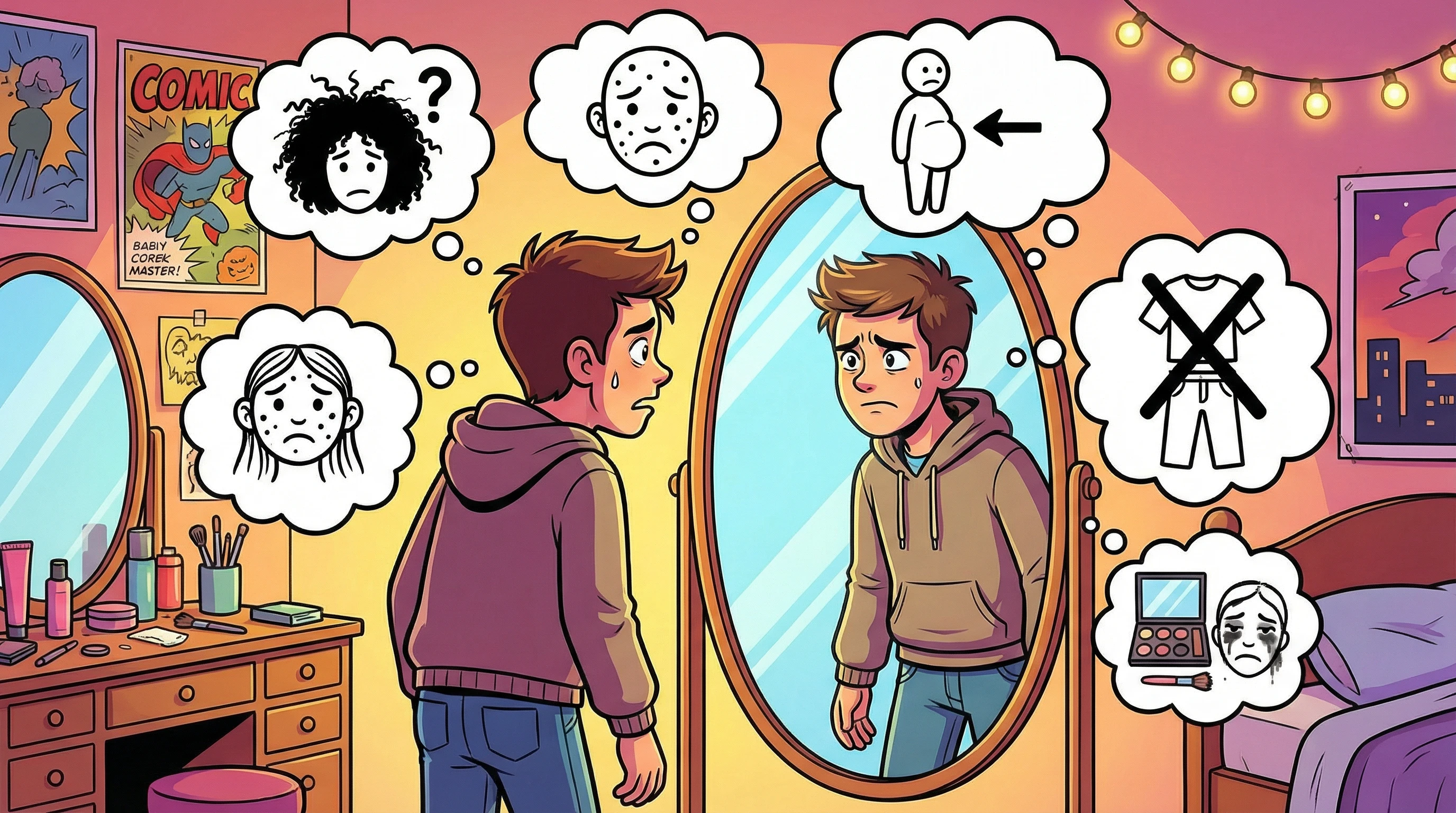 Alt text: Person looking in mirror with multiple thought bubbles showing various insecurities - hair, skin, body shape, clothing - with a concerned expression