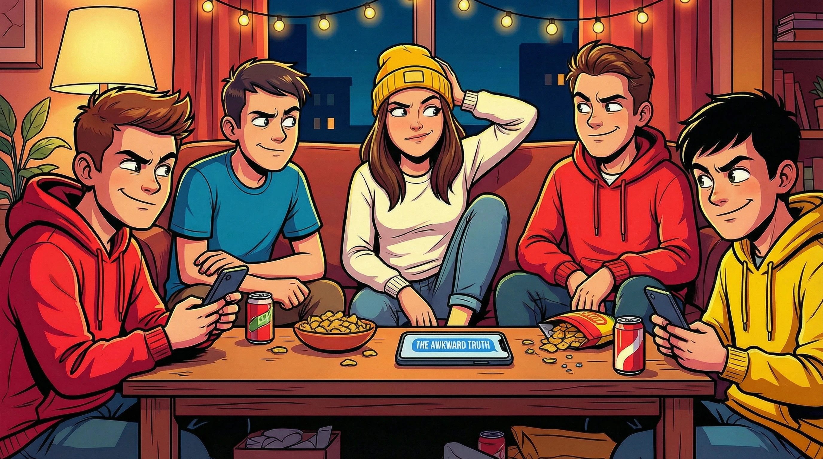 Alt text: Friend group side-eyeing each other with suspicious and knowing looks after someone made an uncomfortable but true observation