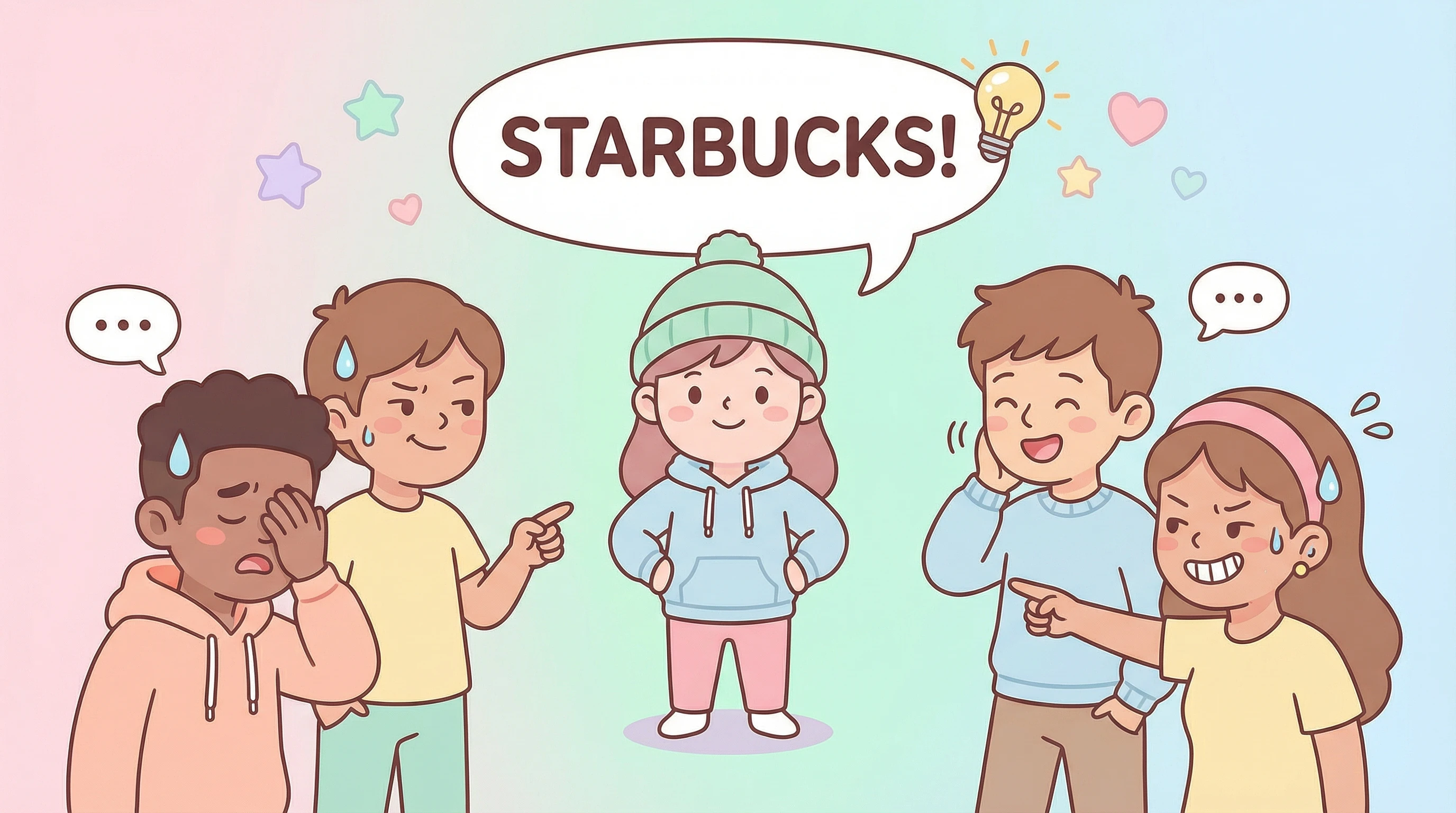 Alt text: Humorous illustration of a common mistake - one character with oversized speech bubble saying 'STARBUCKS!' (too obvious) looking proud, while other characters immediately point at them with amused and knowing expressions, one character face-palming