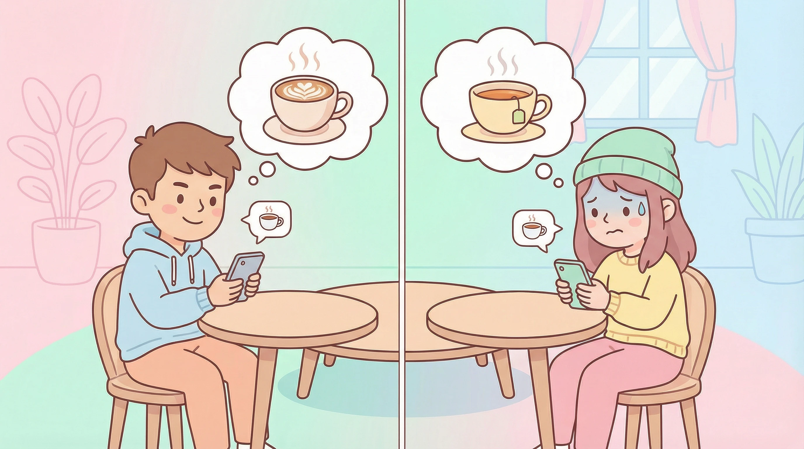 Alt text: Split-scene illustration showing the coffee versus tea example - left side shows a character with thought bubble containing a coffee cup looking confident, right side shows the impostor character with thought bubble containing a tea cup looking slightly nervous